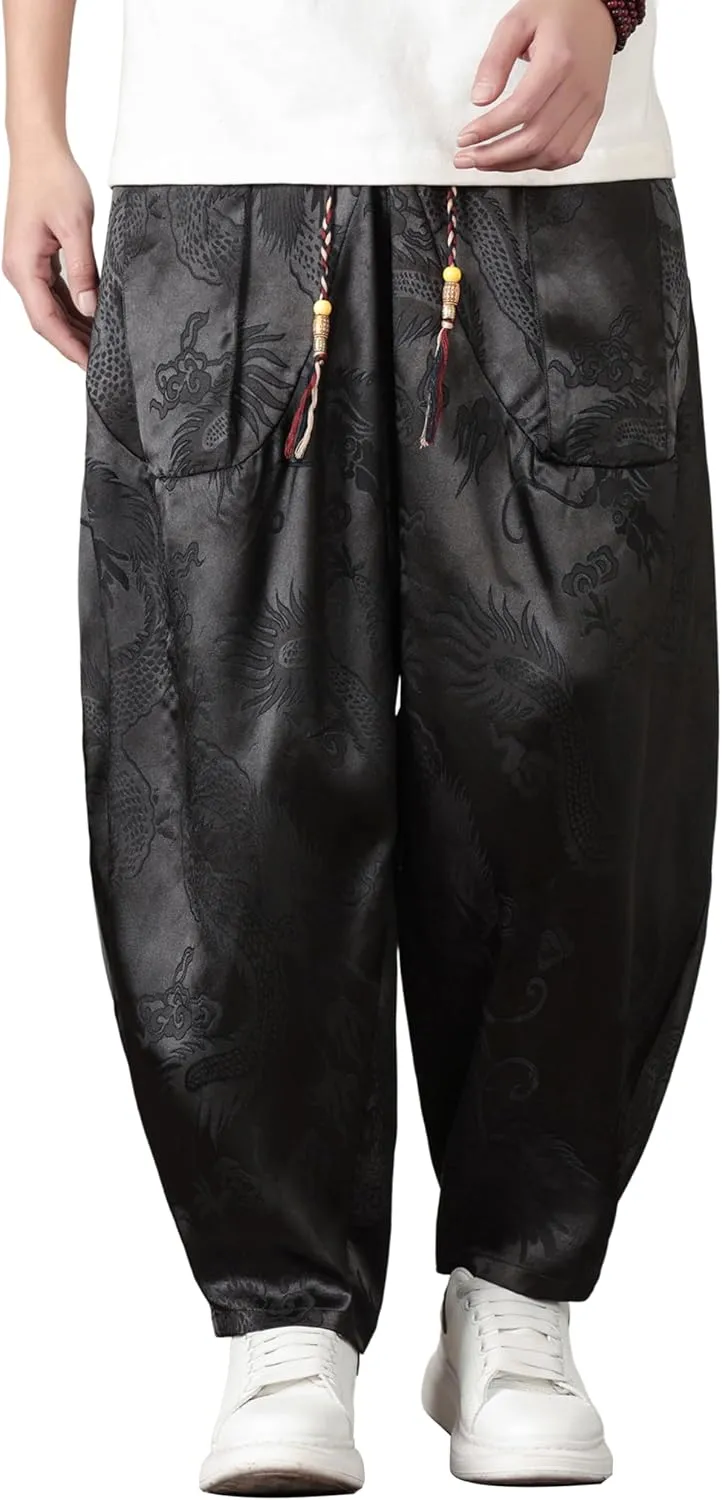 PRIJOUHE Harem Pants for Men Casual Drawstring Yoga Pants Boho Loose Fit Tapered Cropped Trousers with Pockets