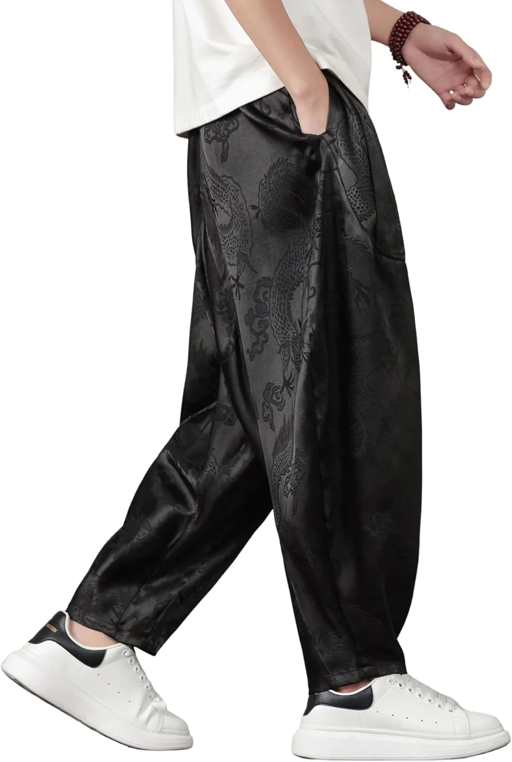 PRIJOUHE Harem Pants for Men Casual Drawstring Yoga Pants Boho Loose Fit Tapered Cropped Trousers with Pockets