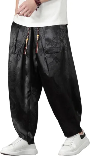 PRIJOUHE Harem Pants for Men Casual Drawstring Yoga Pants Boho Loose Fit Tapered Cropped Trousers with Pockets