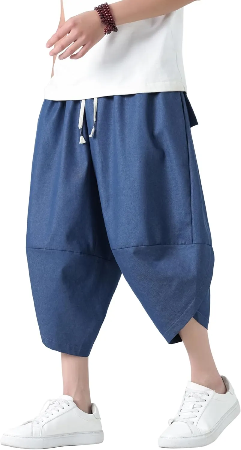 PRIJOUHE Men's Casual Wide Leg Baggy Harem Pant Lightweight Drop Crotch Summer Beach Linen Capri Pants