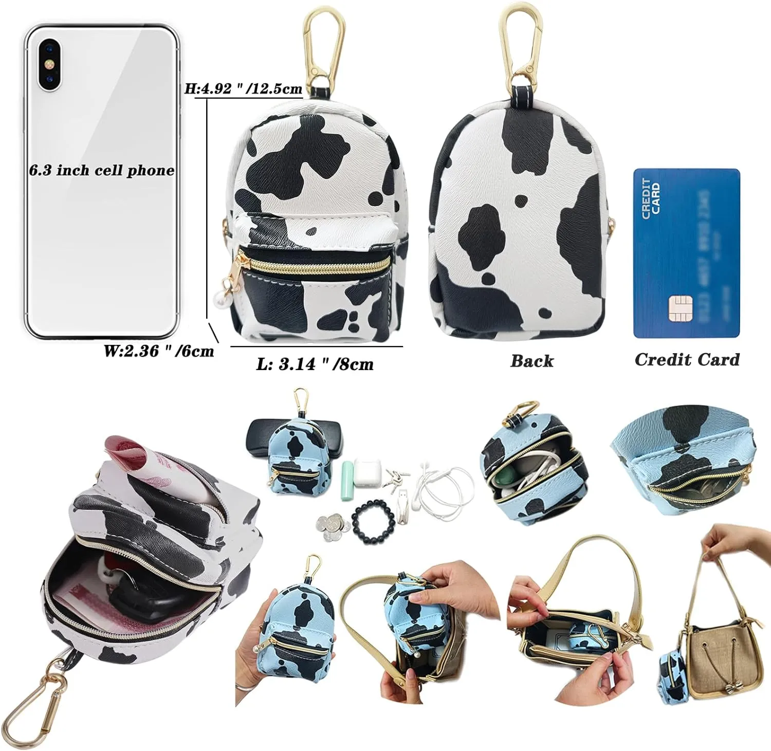 Printed Cow Pattern Coin Purse Pouch Real Littles Backpack Mini Backpack Style Key Chain Coin Purse for Women Small Wallets Purse Keychain Coin Pouch Bags (Blue)