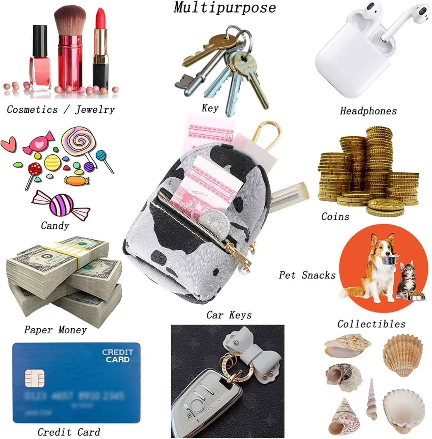 Printed Cow Pattern Coin Purse Pouch Real Littles Backpack Mini Backpack Style Key Chain Coin Purse for Women Small Wallets Purse Keychain Coin Pouch Bags (Blue)