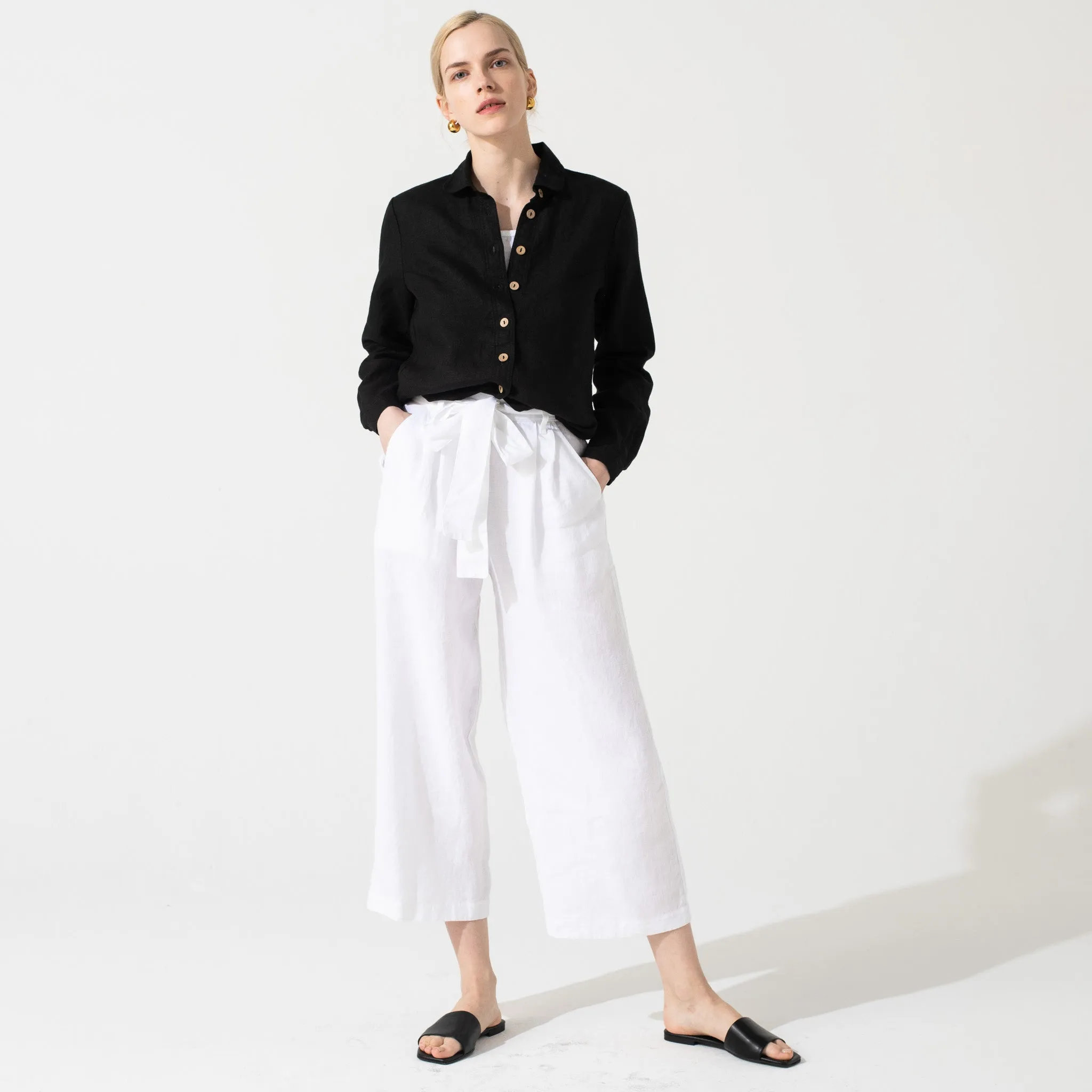 R: MARLE long sleeve collar linen shirt (Size: XS; Color: Deepest Black)