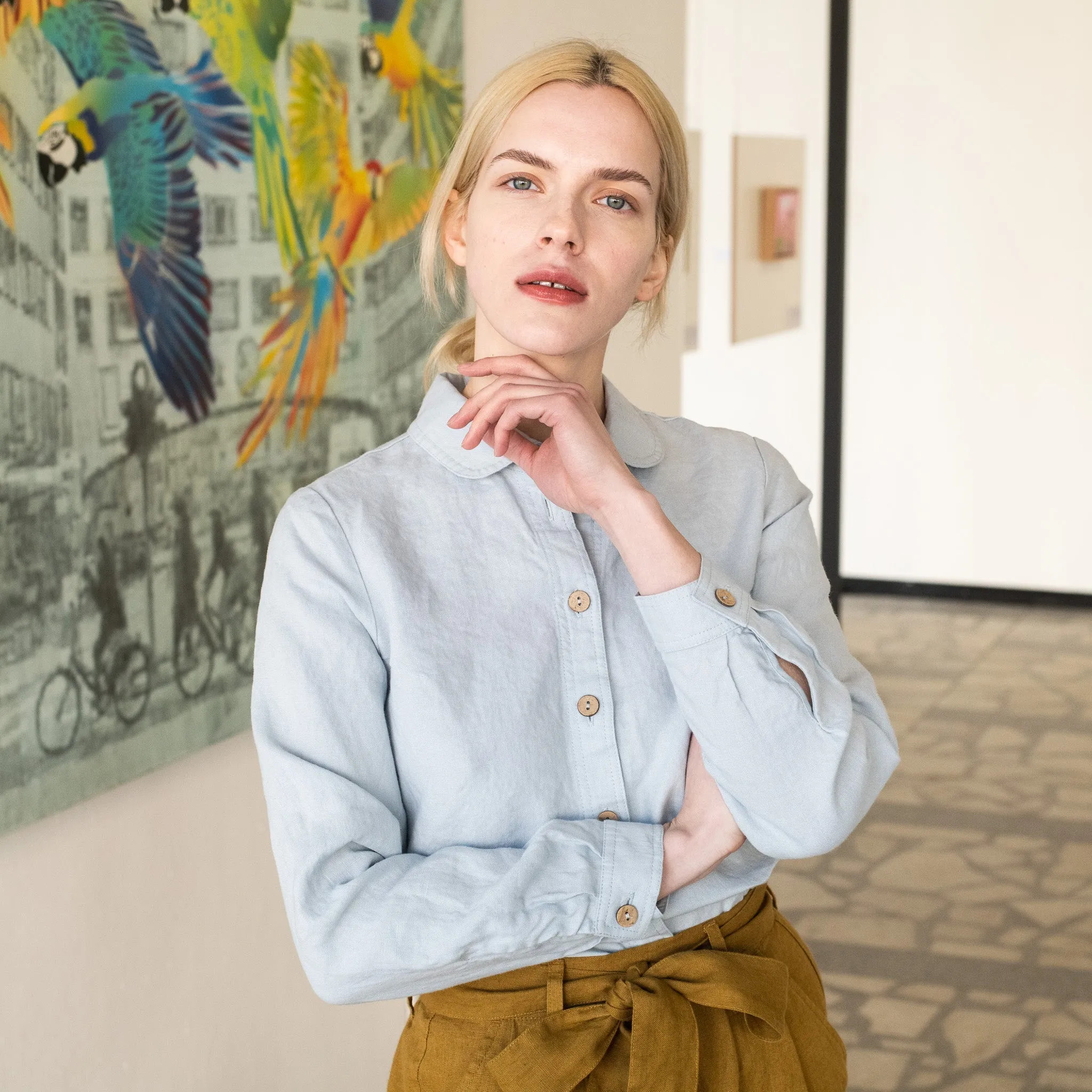 R: MARLE long sleeve collar linen shirt (Size: XS; Color: Deepest Black)