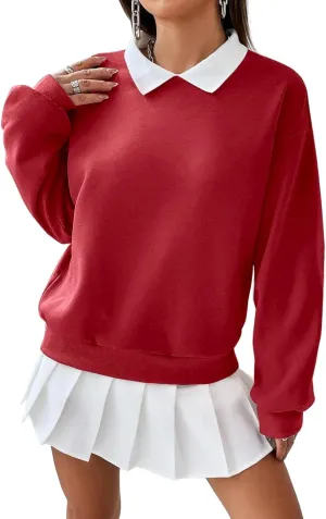 Remidoo Women's Contrast Collar Sweatshirt Casual Oversized Long Sleeve Pullover