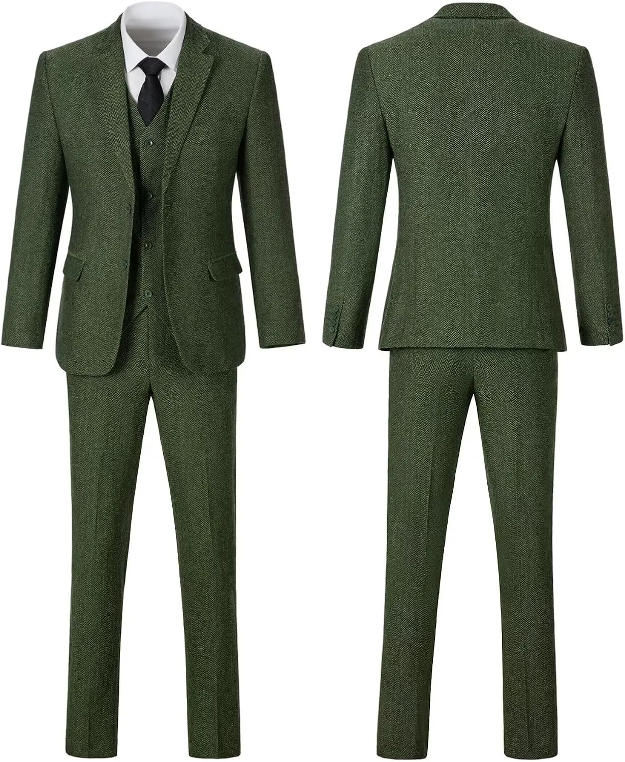 Retro 3 Piece Suit Tweed Herringbone Men's Suits Slim Fit Groom Tuxedos Set Prom Brown Grey Jacket Blazer Vest Pants