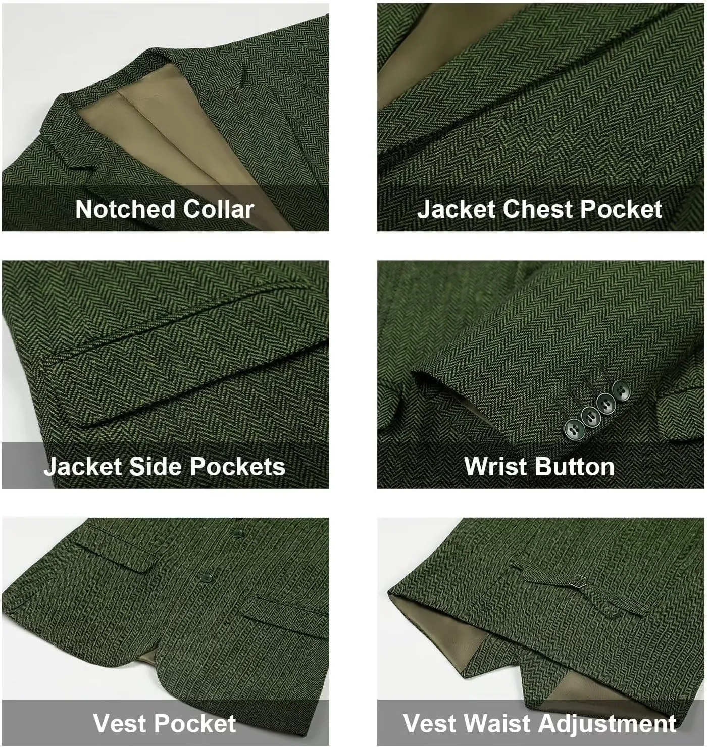 Retro 3 Piece Suit Tweed Herringbone Men's Suits Slim Fit Groom Tuxedos Set Prom Brown Grey Jacket Blazer Vest Pants