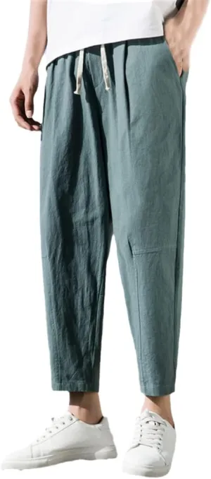 Rfmfkkg Mens Straight Casual Ankle-Length Pants Summer Harem Pants Cotton Linen Trousers Solid Pants