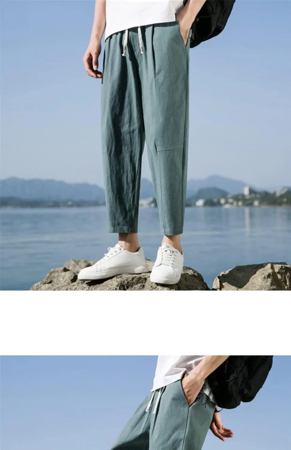 Rfmfkkg Mens Straight Casual Ankle-Length Pants Summer Harem Pants Cotton Linen Trousers Solid Pants