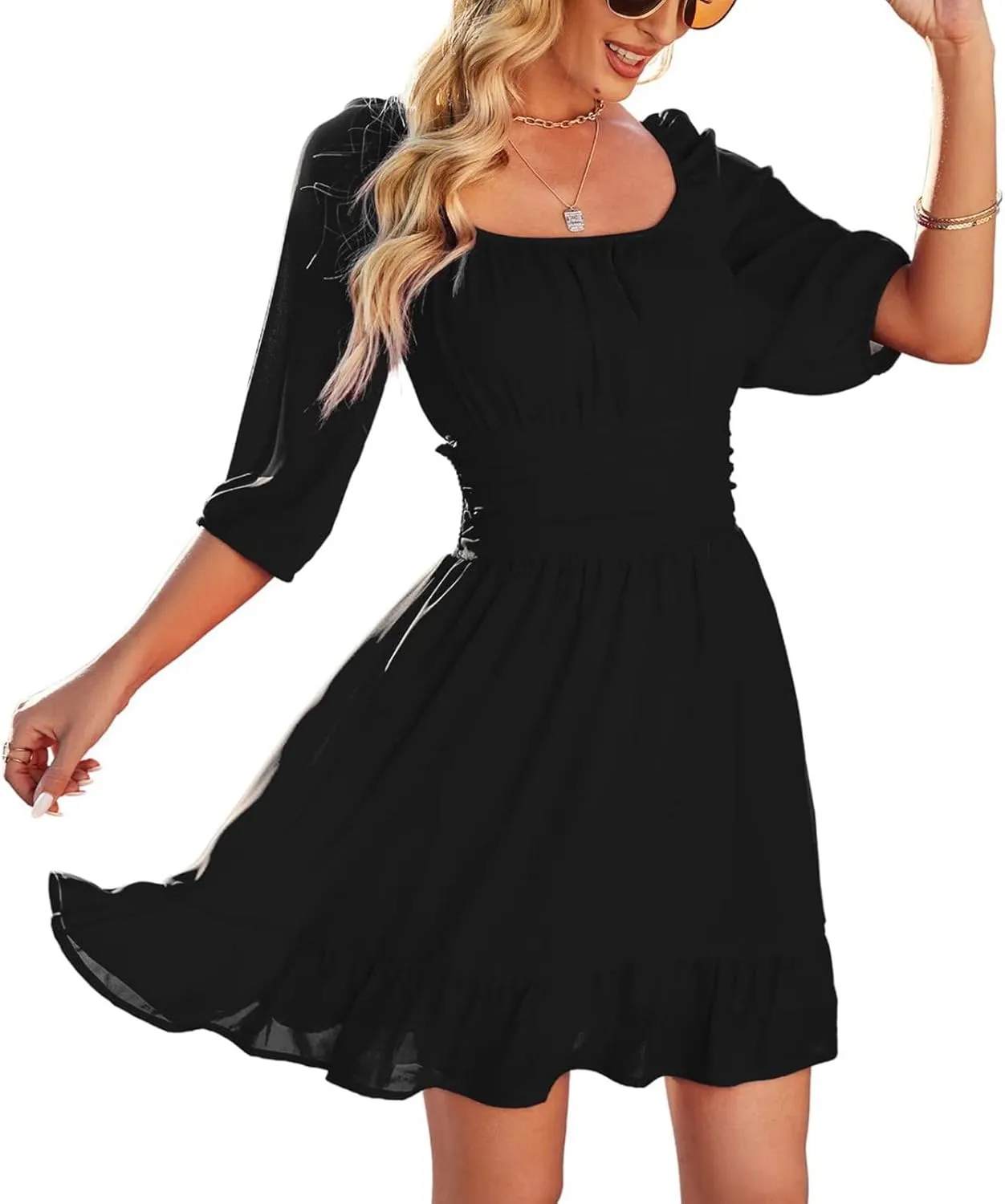 Ruched Dress for Women Casual Summer Square Collar Midi Sleeve Mini Dresses Solid Ruffles Hem Flowy Tunic Dress