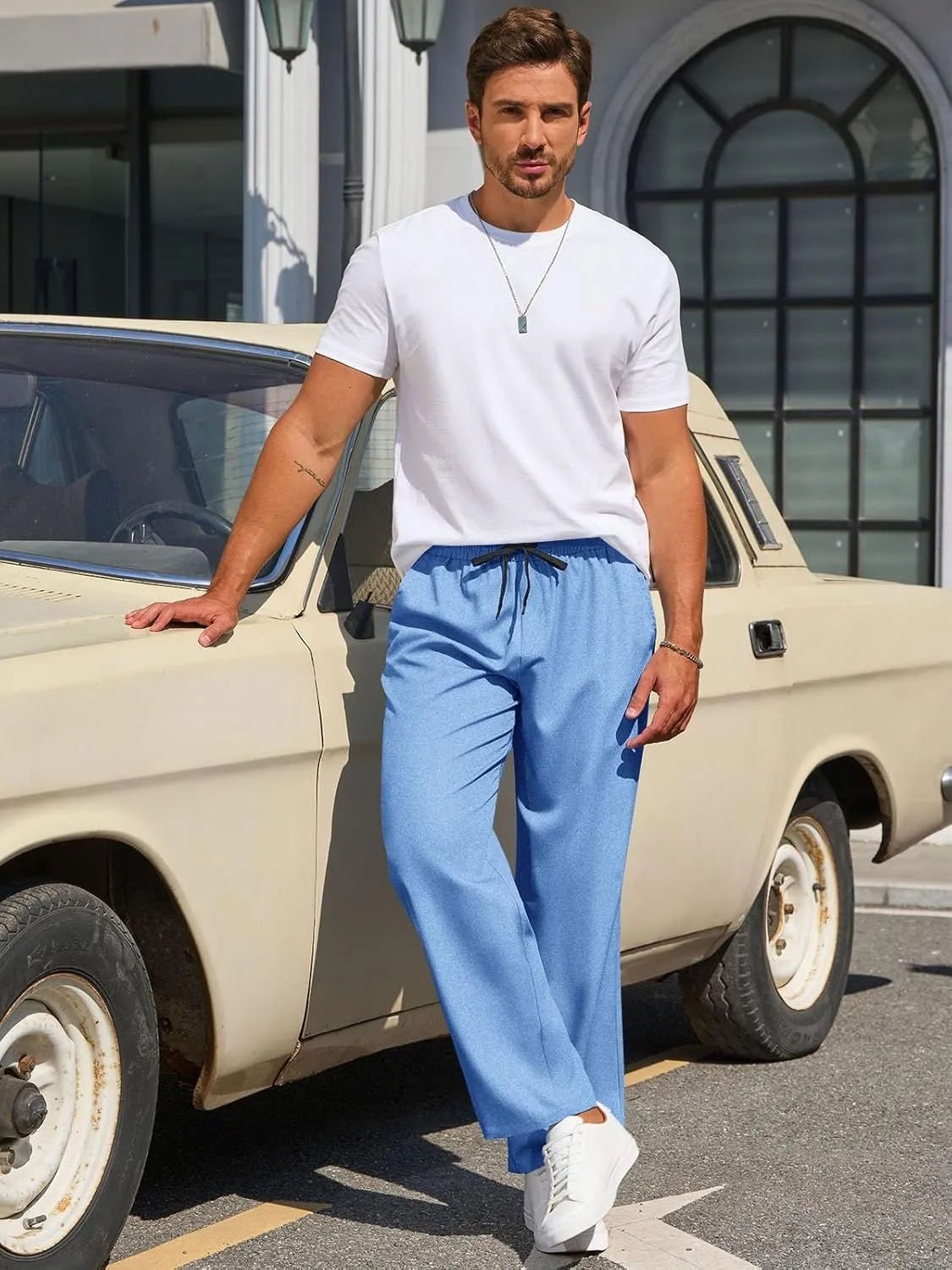 Runcati Mens Casual Pants Drawstring Elastic Waist Lightweight Trousers Linen Beach Summer Lounge Pants