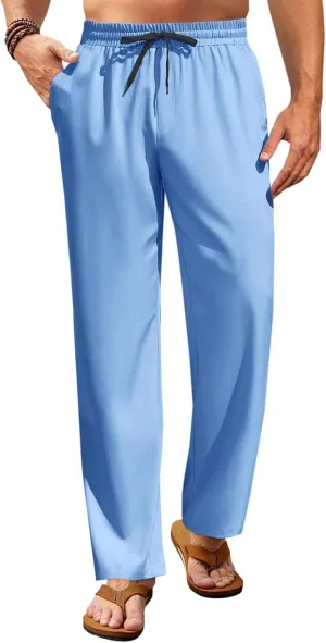 Runcati Mens Casual Pants Drawstring Elastic Waist Lightweight Trousers Linen Beach Summer Lounge Pants