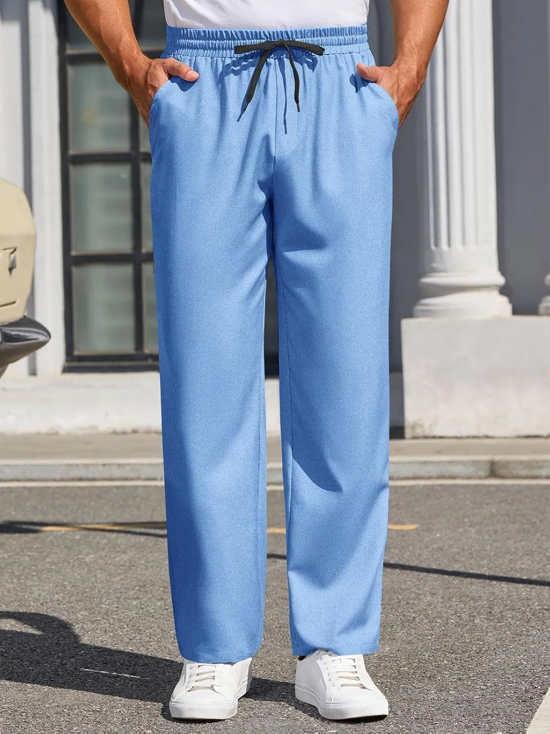 Runcati Mens Casual Pants Drawstring Elastic Waist Lightweight Trousers Linen Beach Summer Lounge Pants