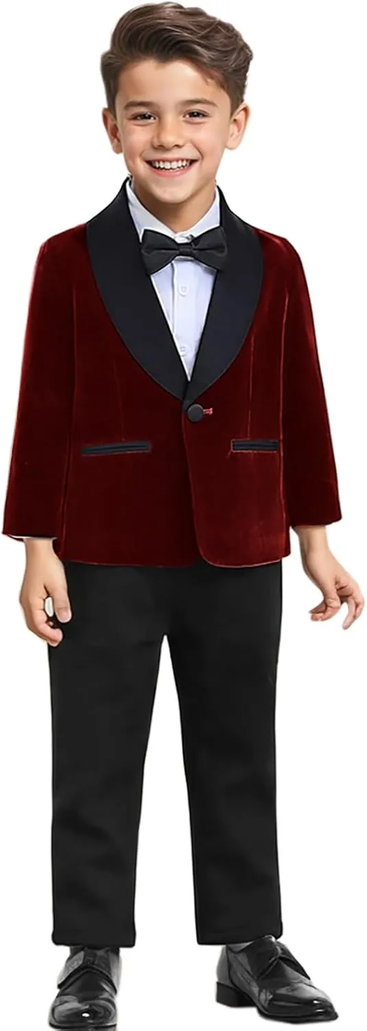 SANGTREE Boys Shawl Tuxedo Suit Velvet Set Gentleman Wedding Outfit, 3 Months - 14 Years