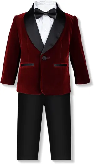 SANGTREE Boys Shawl Tuxedo Suit Velvet Set Gentleman Wedding Outfit, 3 Months - 14 Years
