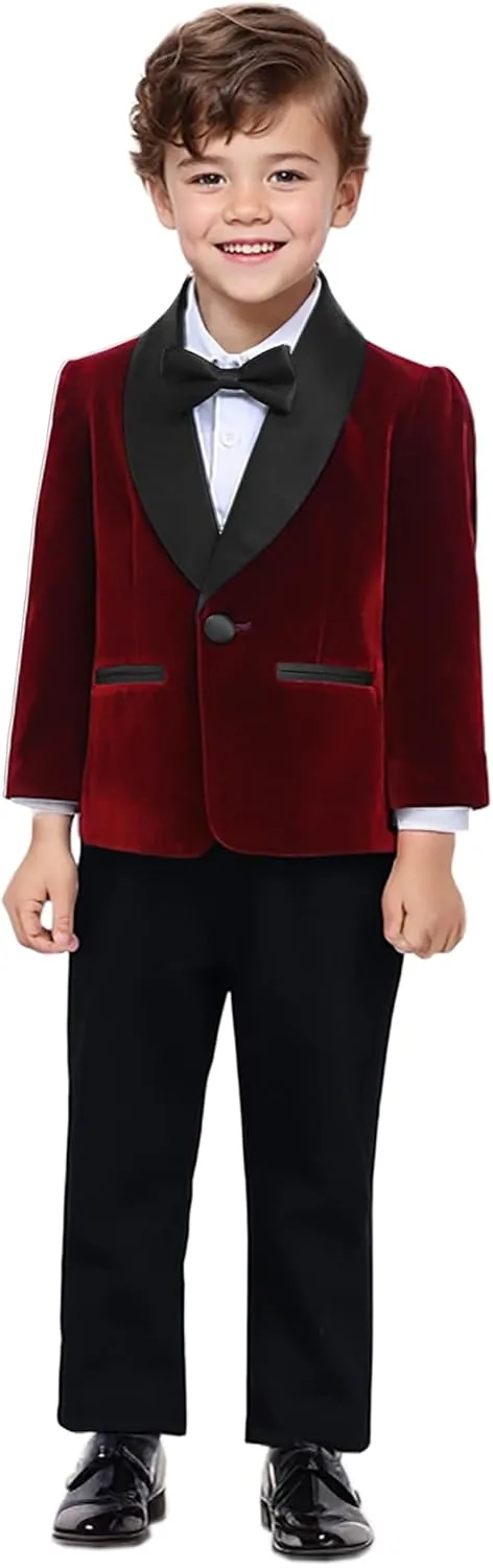 SANGTREE Boys Shawl Tuxedo Suit Velvet Set Gentleman Wedding Outfit, 3 Months - 14 Years