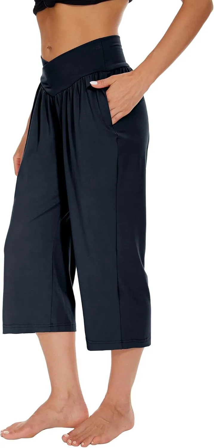 SICVEK Womens Capri Pants Yoga Lounge Wide Leg Loose Crossover High Waist Summer Capris