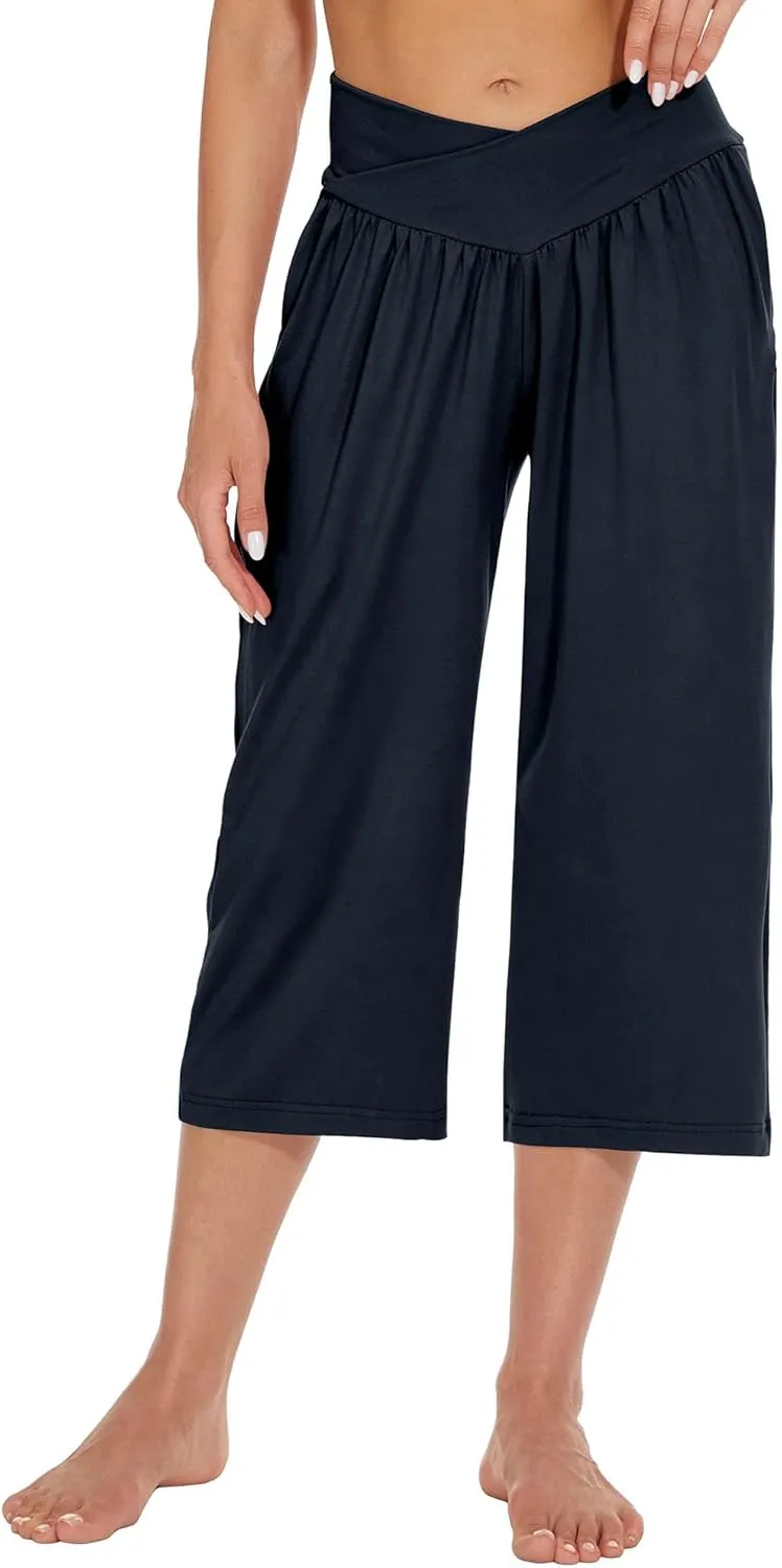 SICVEK Womens Capri Pants Yoga Lounge Wide Leg Loose Crossover High Waist Summer Capris
