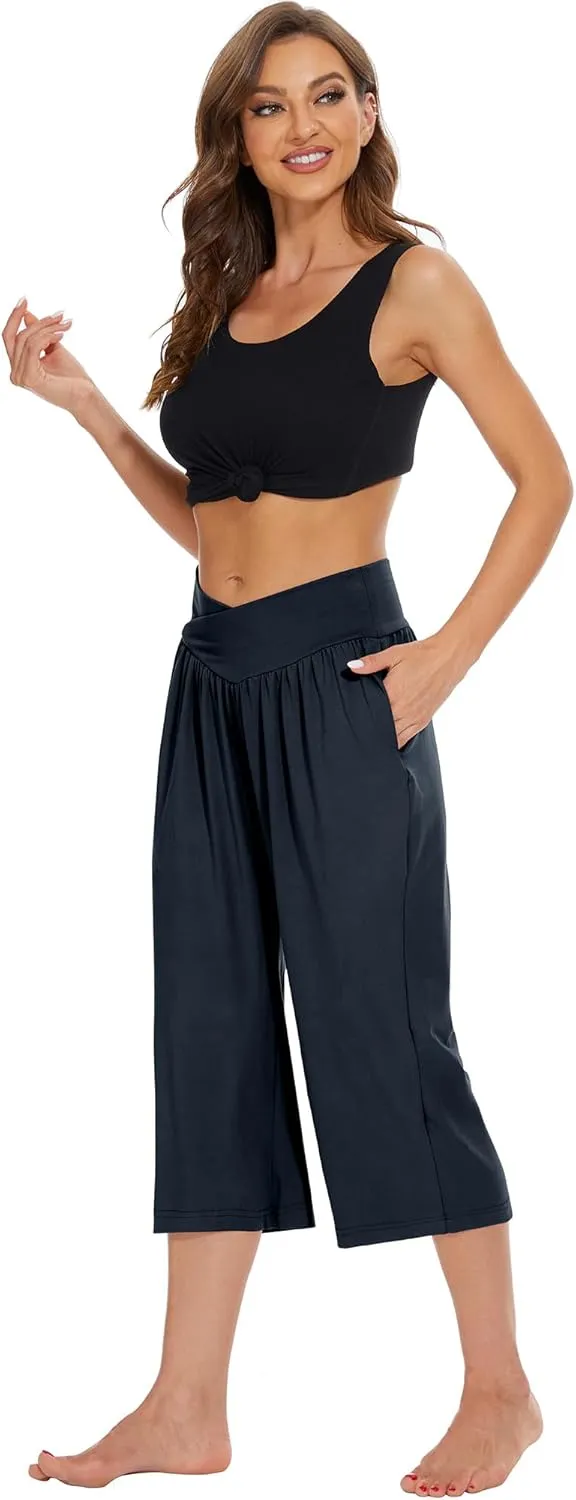 SICVEK Womens Capri Pants Yoga Lounge Wide Leg Loose Crossover High Waist Summer Capris