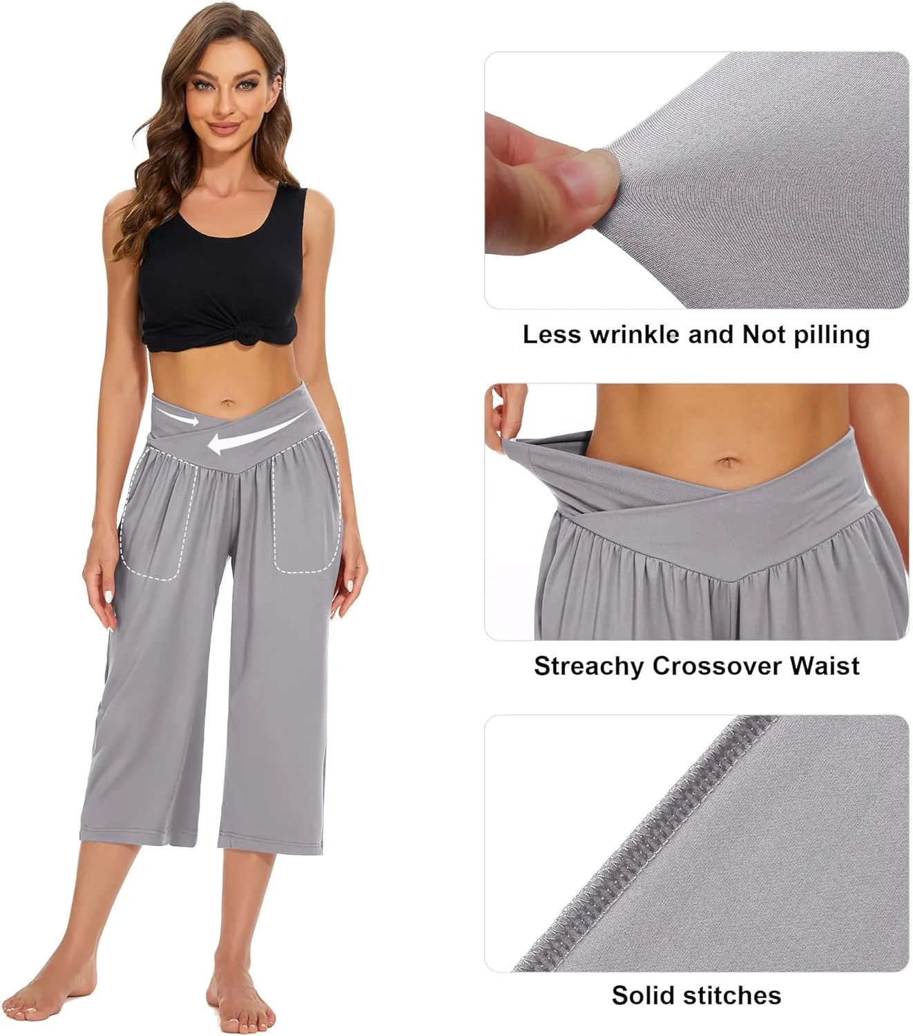 SICVEK Womens Capri Pants Yoga Lounge Wide Leg Loose Crossover High Waist Summer Capris