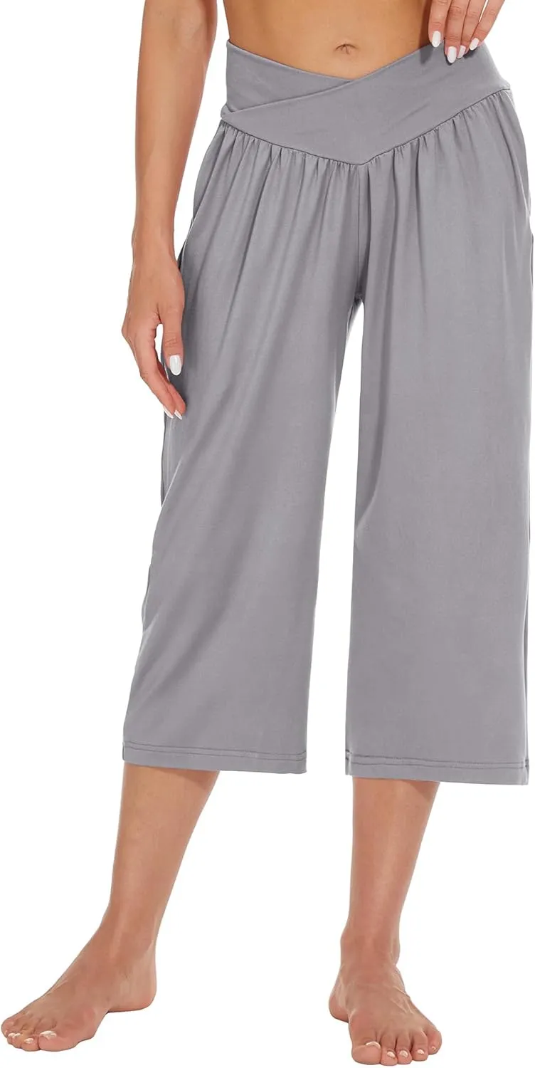 SICVEK Womens Capri Pants Yoga Lounge Wide Leg Loose Crossover High Waist Summer Capris