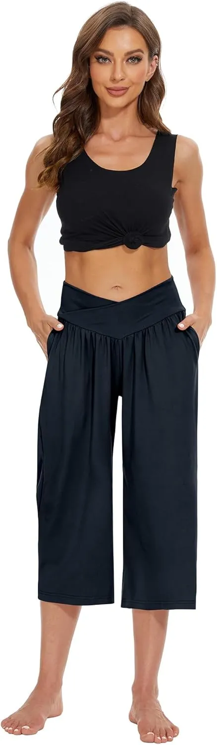 SICVEK Womens Capri Pants Yoga Lounge Wide Leg Loose Crossover High Waist Summer Capris