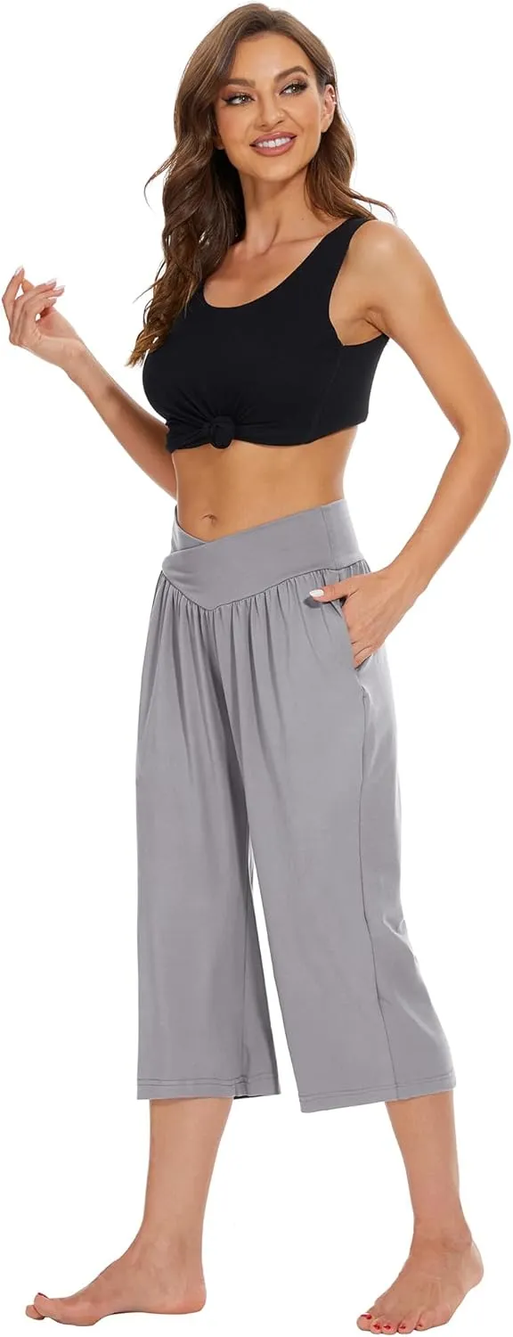 SICVEK Womens Capri Pants Yoga Lounge Wide Leg Loose Crossover High Waist Summer Capris