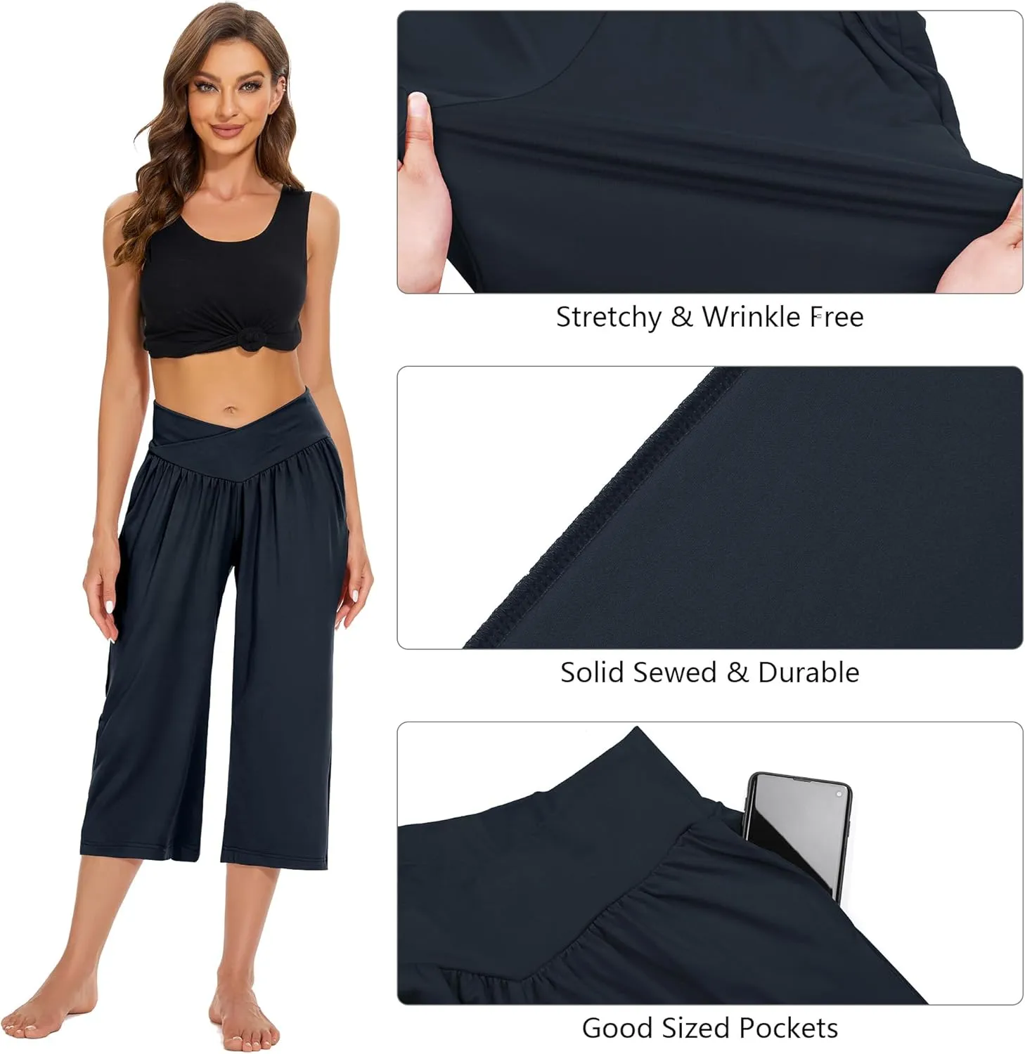 SICVEK Womens Capri Pants Yoga Lounge Wide Leg Loose Crossover High Waist Summer Capris