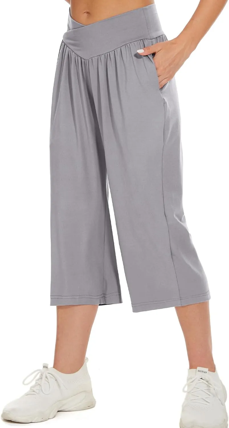 SICVEK Womens Capri Pants Yoga Lounge Wide Leg Loose Crossover High Waist Summer Capris