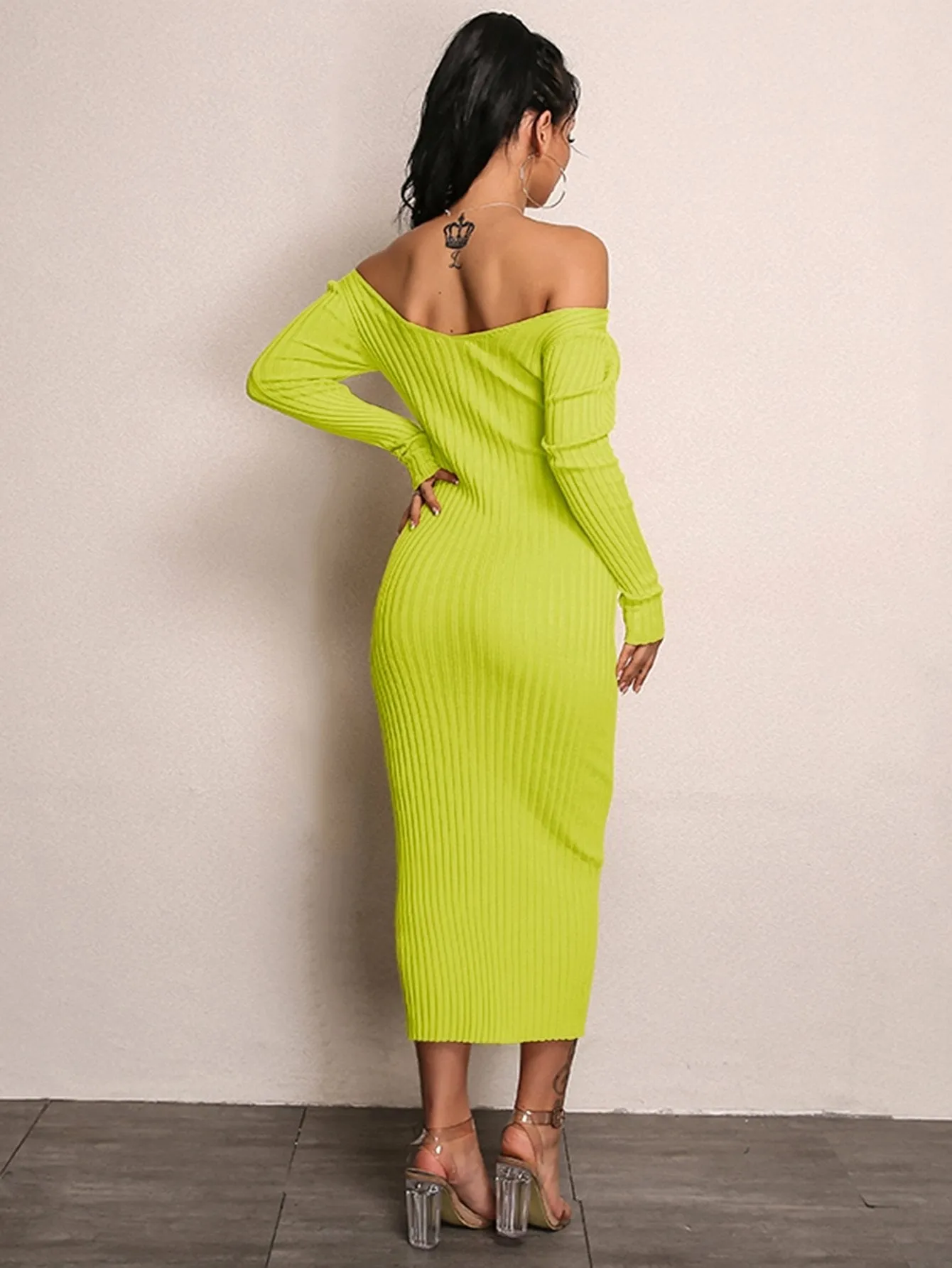 Simplee Neon Lime Bardot Rib-knit Jumper Dress
