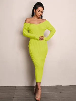 Simplee Neon Lime Bardot Rib-knit Jumper Dress