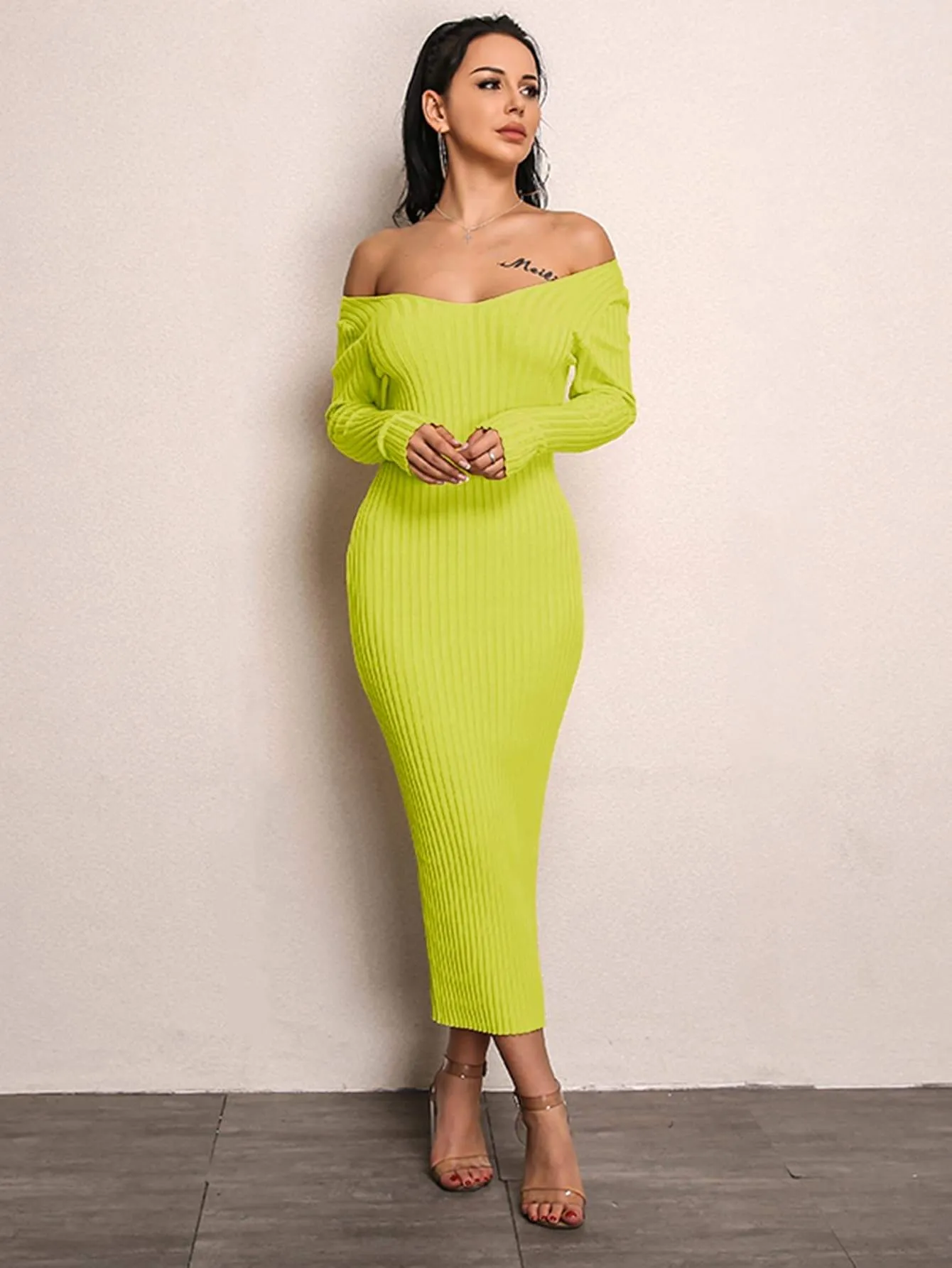 Simplee Neon Lime Bardot Rib-knit Jumper Dress