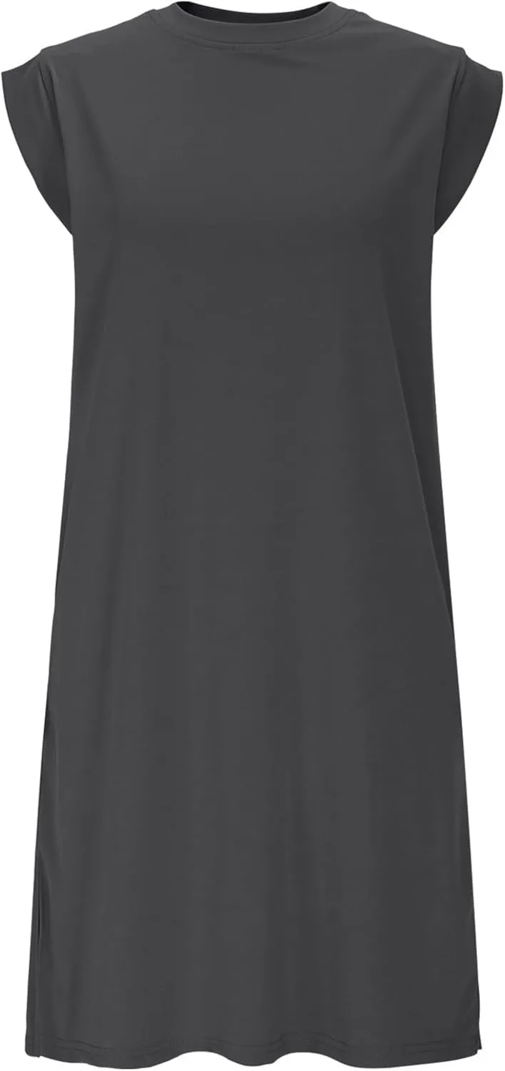 Sinzelimin Women's Pullover Dresses Fashion Solid Color Sleeveless Crewneck Loose Comfy Tank Mini Dress Summer Beach Sundress