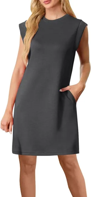 Sinzelimin Women's Pullover Dresses Fashion Solid Color Sleeveless Crewneck Loose Comfy Tank Mini Dress Summer Beach Sundress