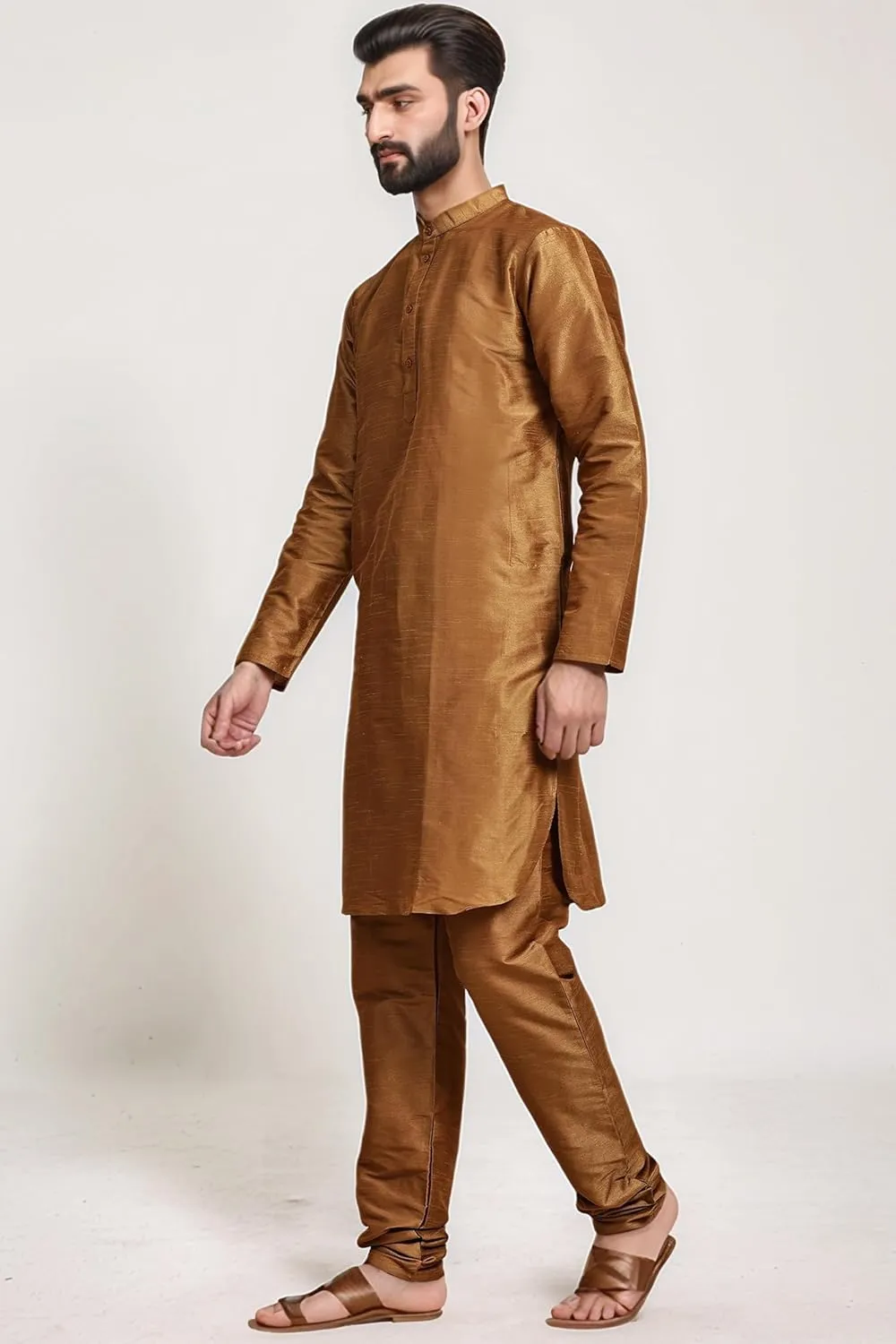 SKAVIJ Men Art Silk Kurta Pyjama Long Sleeve Casual Ethnic Gown Dress Pants Shirt Set