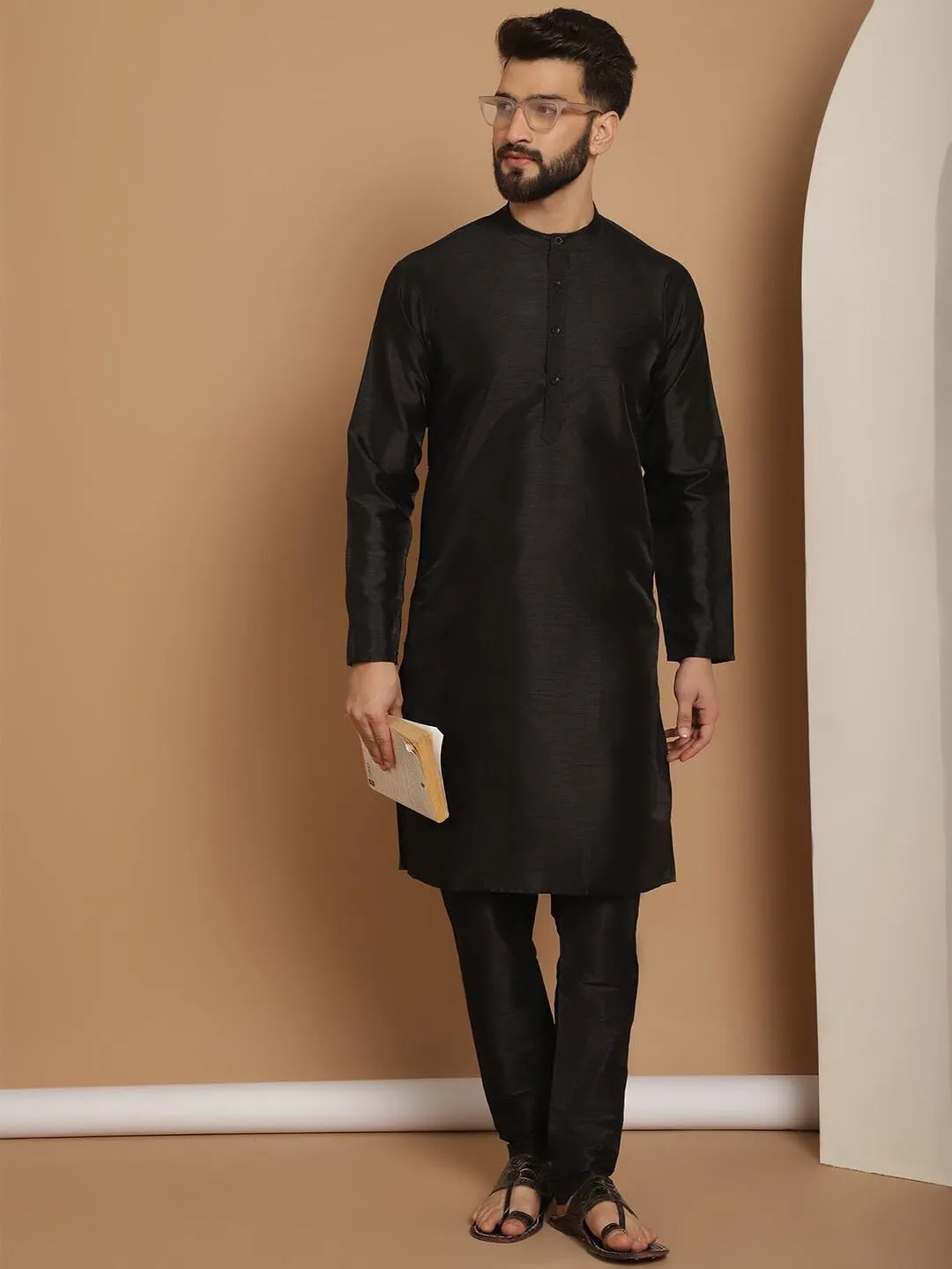SKAVIJ Men Art Silk Kurta Pyjama Long Sleeve Casual Ethnic Gown Dress Pants Shirt Set