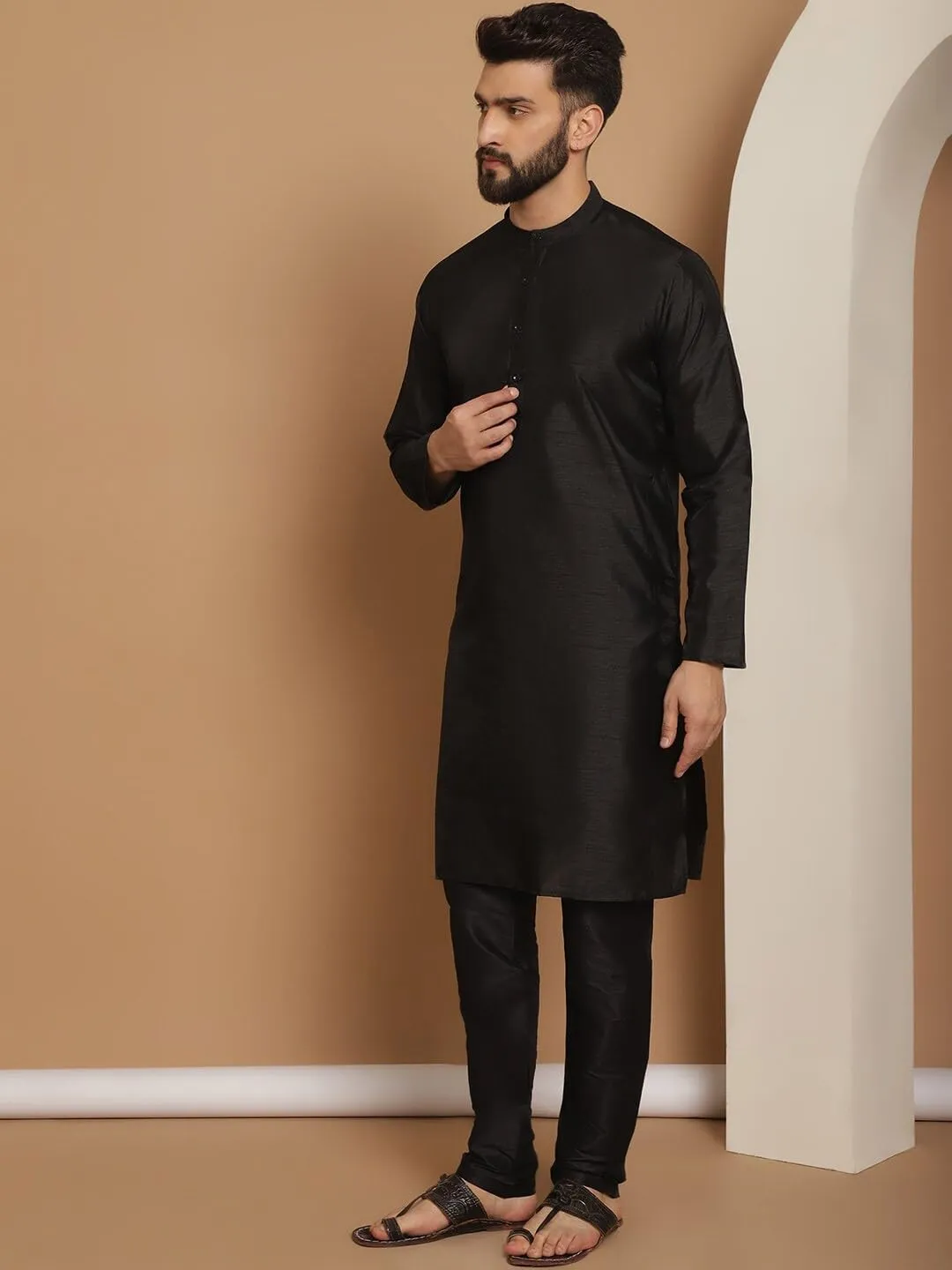 SKAVIJ Men Art Silk Kurta Pyjama Long Sleeve Casual Ethnic Gown Dress Pants Shirt Set