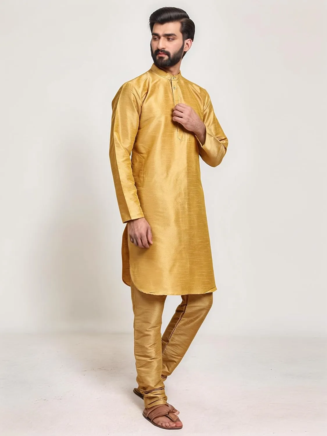 SKAVIJ Men Art Silk Kurta Pyjama Long Sleeve Casual Ethnic Gown Dress Pants Shirt Set