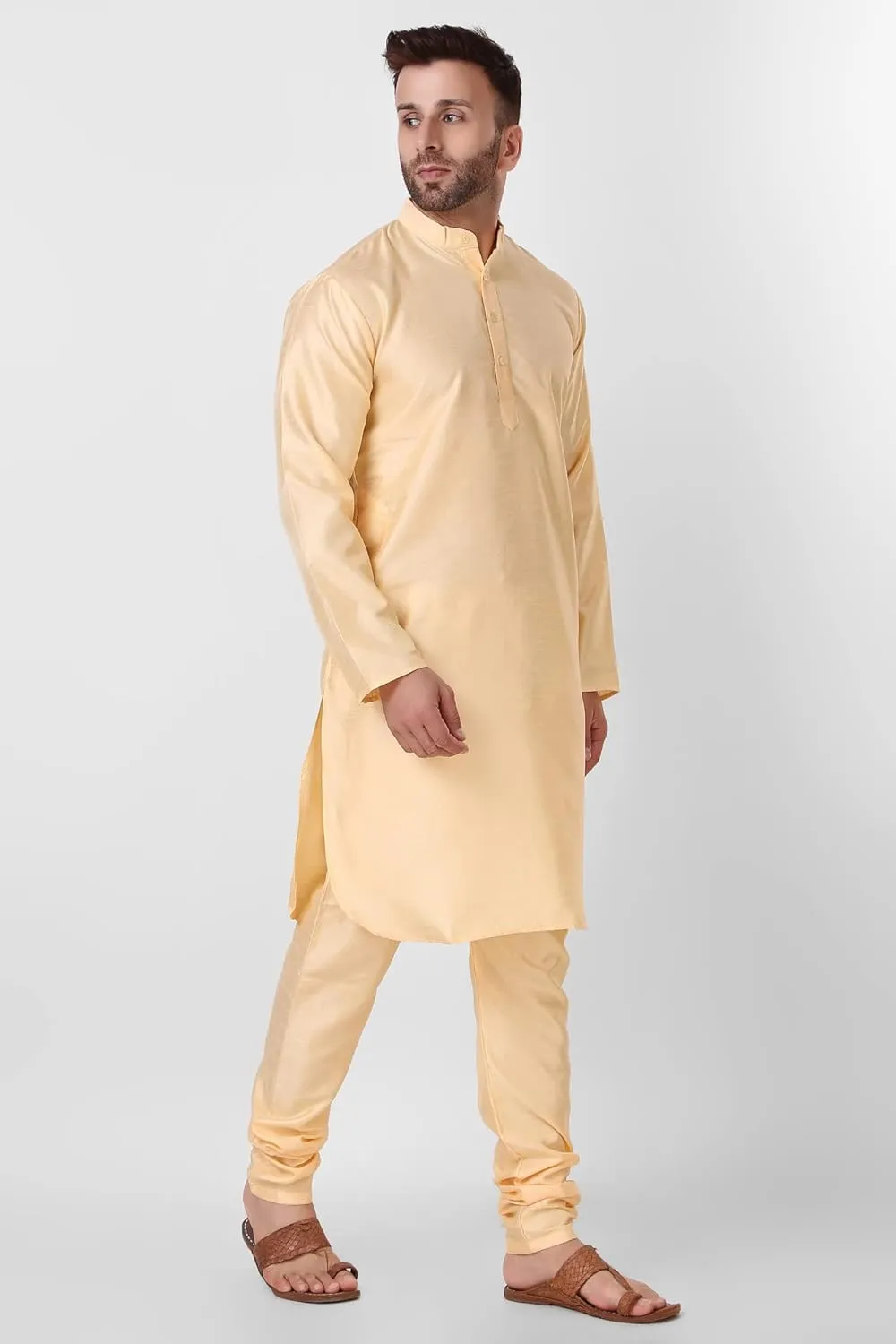 SKAVIJ Men Art Silk Kurta Pyjama Long Sleeve Casual Ethnic Gown Dress Pants Shirt Set