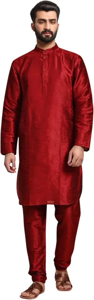 SKAVIJ Men Art Silk Kurta Pyjama Long Sleeve Casual Ethnic Gown Dress Pants Shirt Set