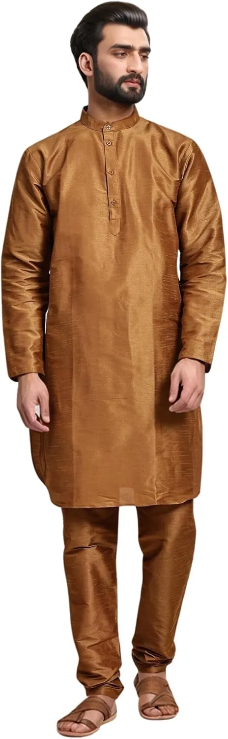 SKAVIJ Men Art Silk Kurta Pyjama Long Sleeve Casual Ethnic Gown Dress Pants Shirt Set