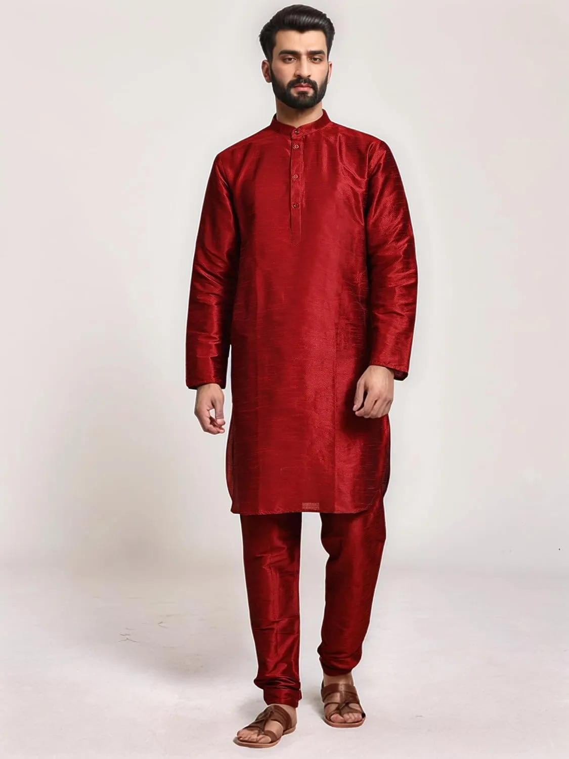 SKAVIJ Men Art Silk Kurta Pyjama Long Sleeve Casual Ethnic Gown Dress Pants Shirt Set