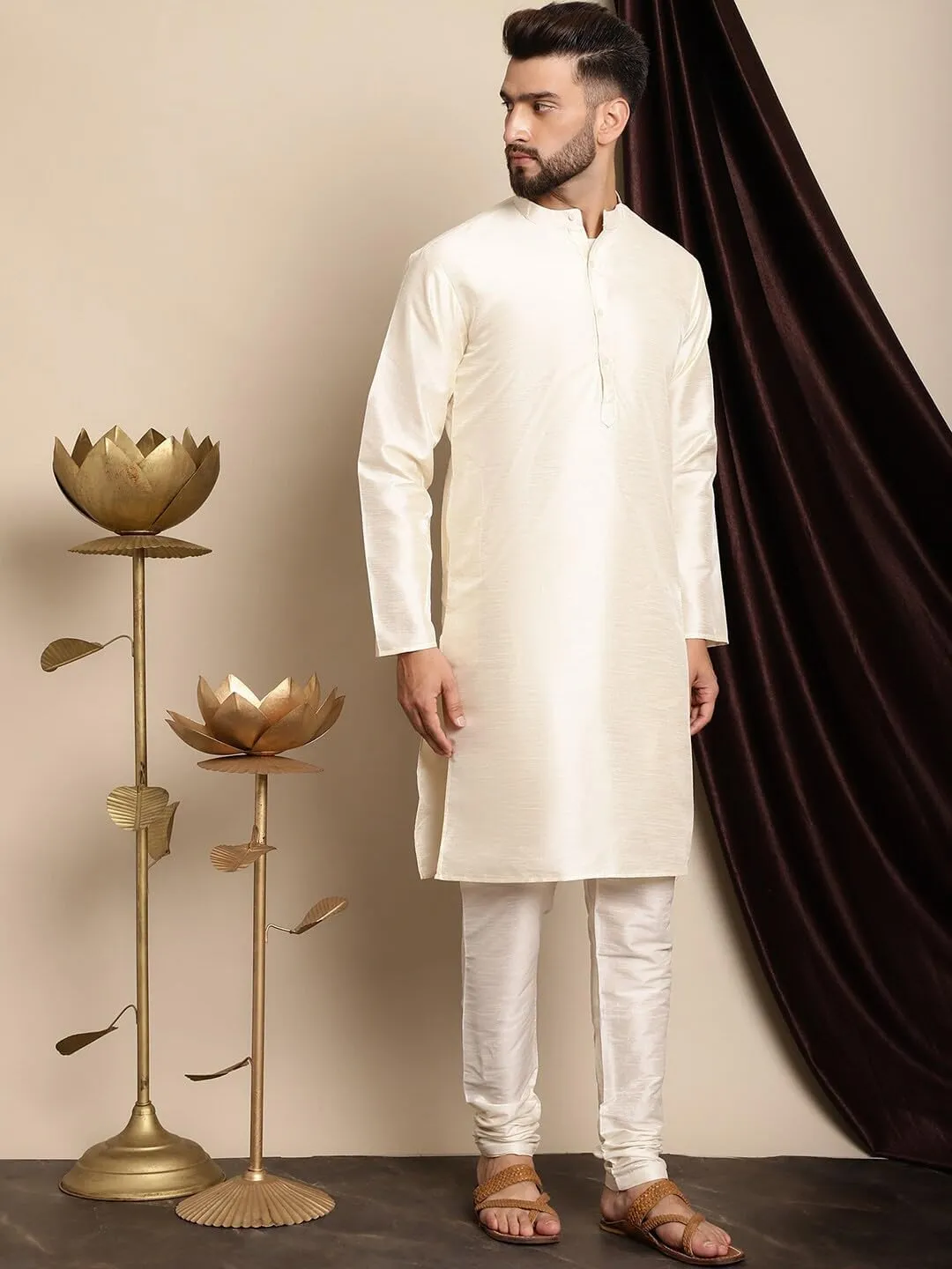 SKAVIJ Men Art Silk Kurta Pyjama Long Sleeve Casual Ethnic Gown Dress Pants Shirt Set