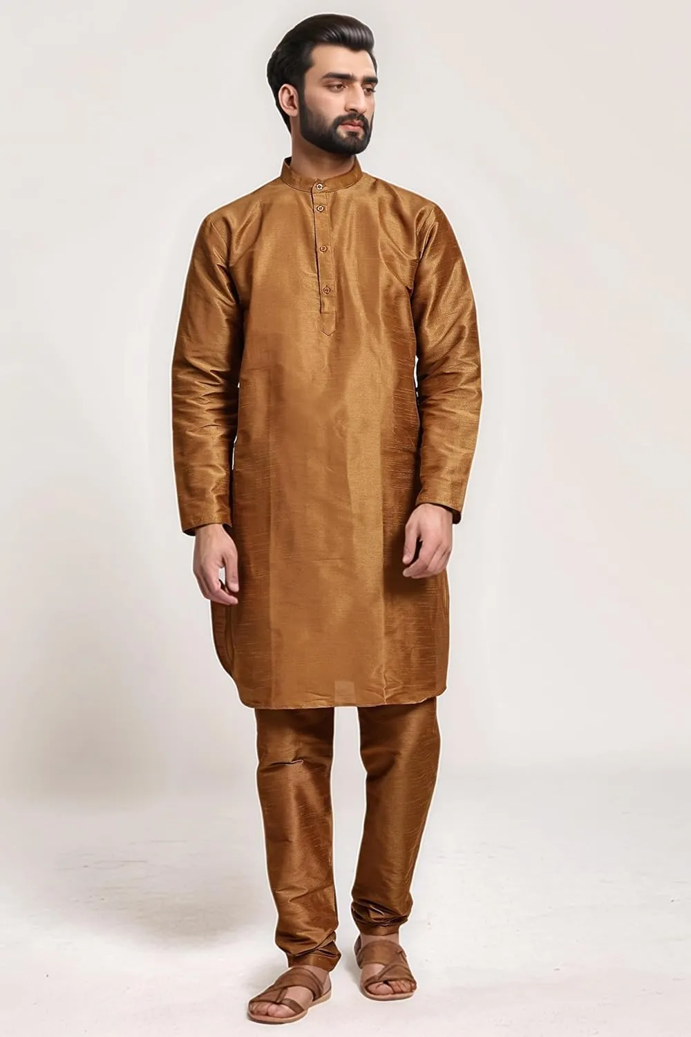 SKAVIJ Men Art Silk Kurta Pyjama Long Sleeve Casual Ethnic Gown Dress Pants Shirt Set