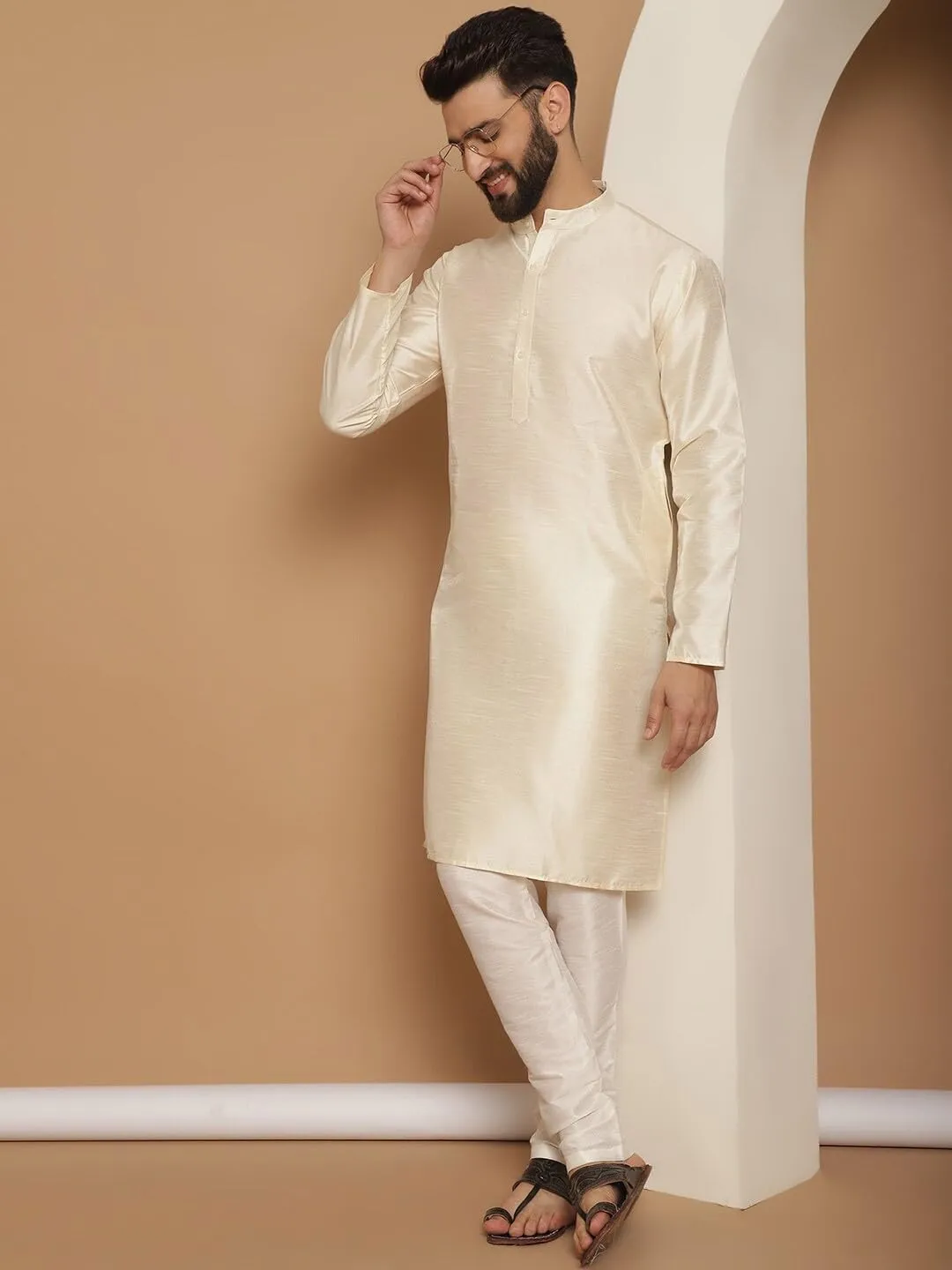 SKAVIJ Men Art Silk Kurta Pyjama Long Sleeve Casual Ethnic Gown Dress Pants Shirt Set