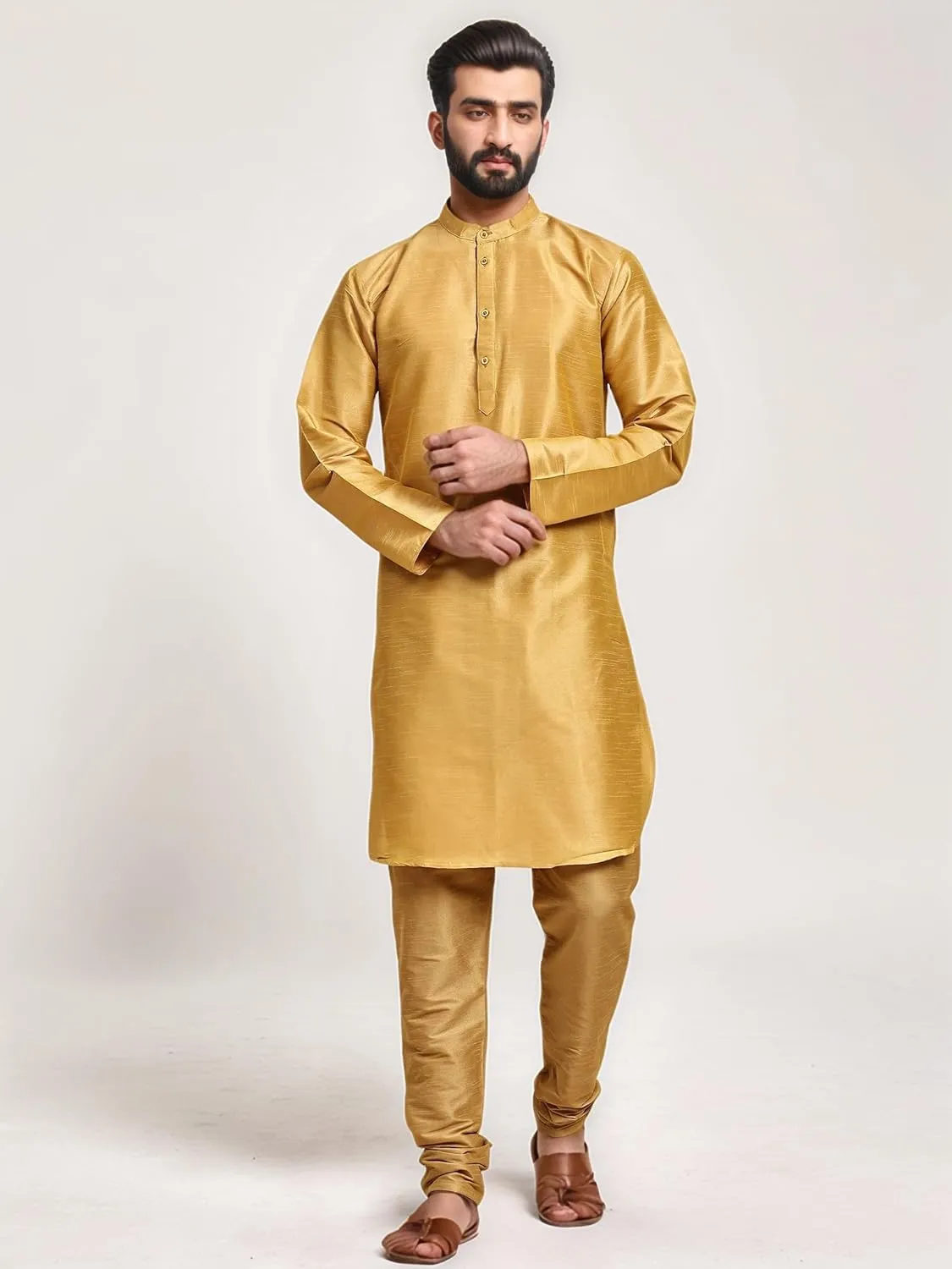 SKAVIJ Men Art Silk Kurta Pyjama Long Sleeve Casual Ethnic Gown Dress Pants Shirt Set