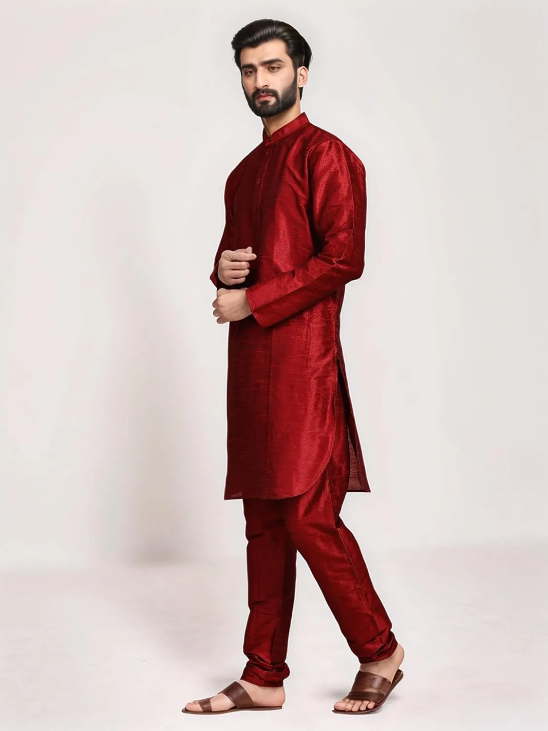 SKAVIJ Men Art Silk Kurta Pyjama Long Sleeve Casual Ethnic Gown Dress Pants Shirt Set