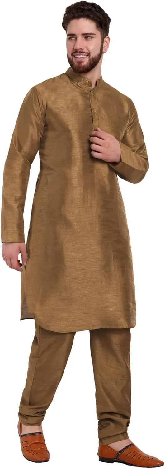 SKAVIJ Men Art Silk Kurta Pyjama Long Sleeve Casual Ethnic Gown Dress Pants Shirt Set