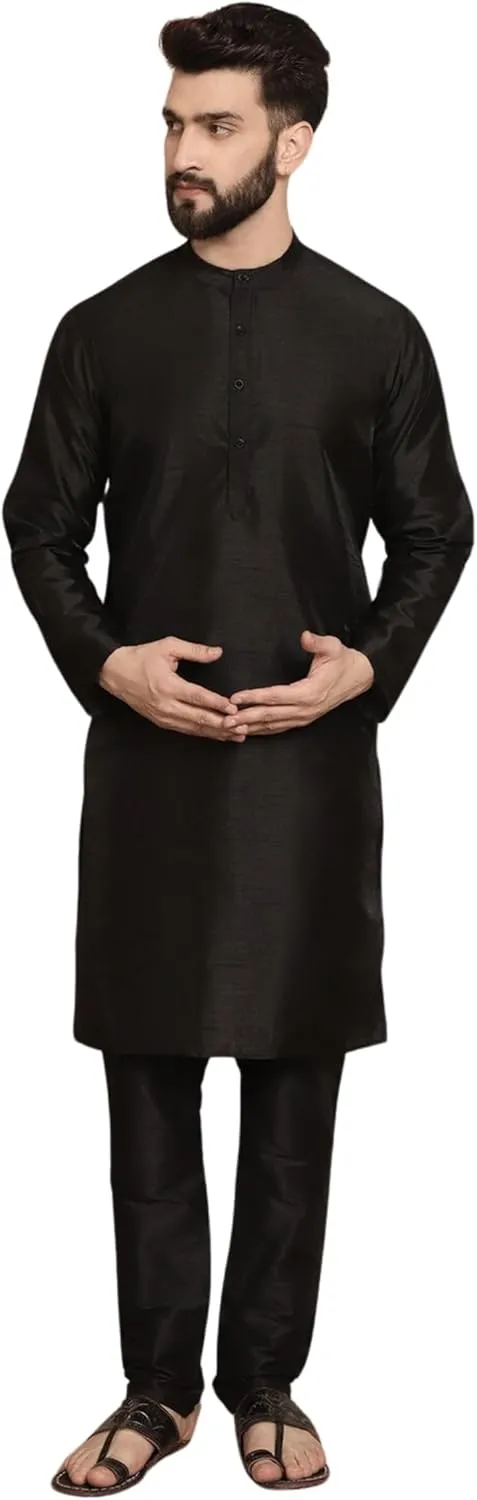 SKAVIJ Men Art Silk Kurta Pyjama Long Sleeve Casual Ethnic Gown Dress Pants Shirt Set