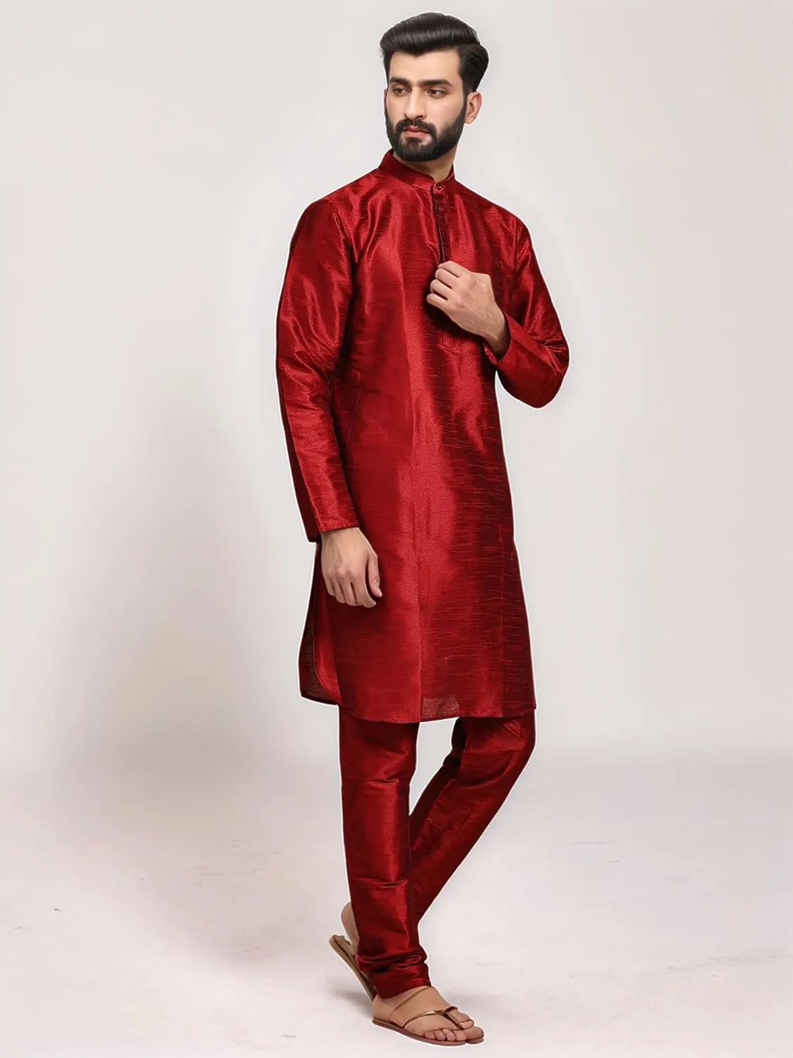 SKAVIJ Men Art Silk Kurta Pyjama Long Sleeve Casual Ethnic Gown Dress Pants Shirt Set